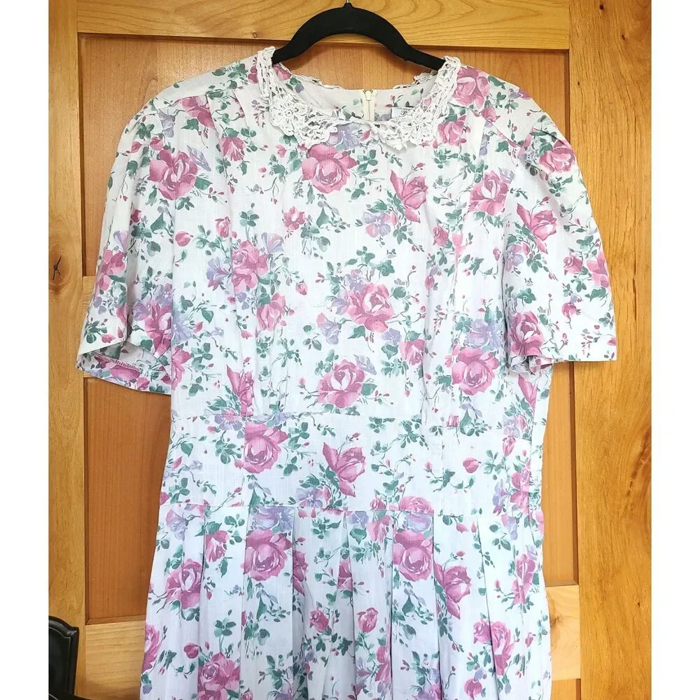 Vintage Stuart‎ Allan Sz 16 Floral Cottagecore Dress Lace Trim Elastic Waistband